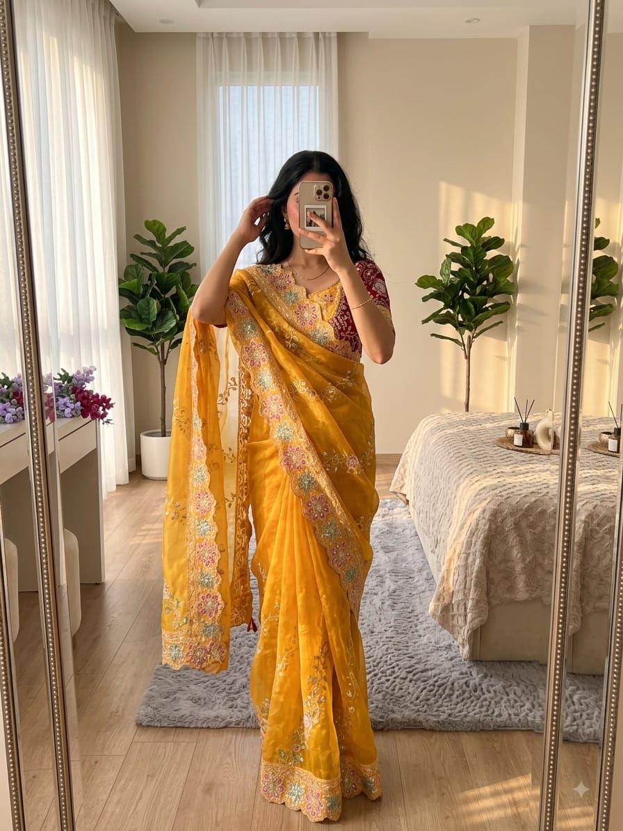 SM Jhamkudi Heavy Fendy Satin Lehariya Sequence Saree