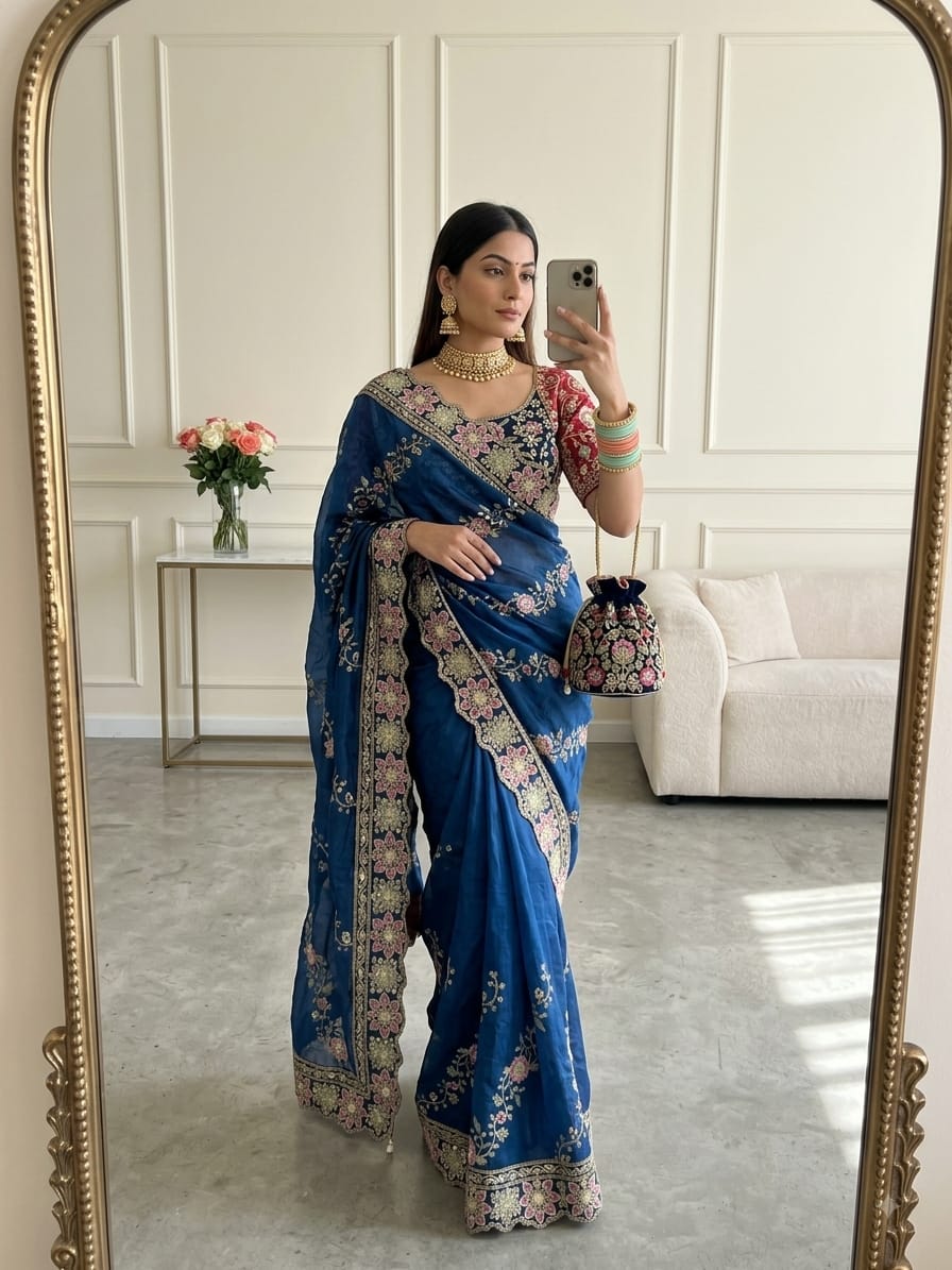 SM Jhamkudi Heavy Fendy Satin Lehariya Sequence Saree