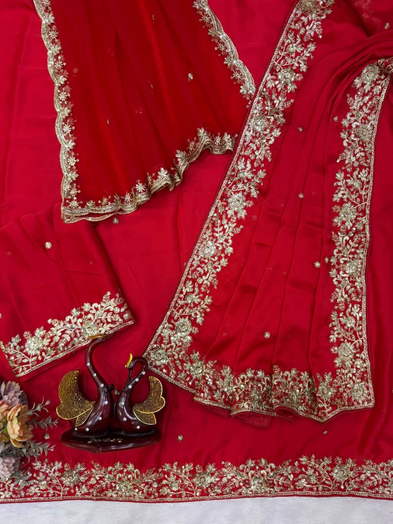 SM Karwa Chauth Special Crimson Red Rangoli Silk Saree