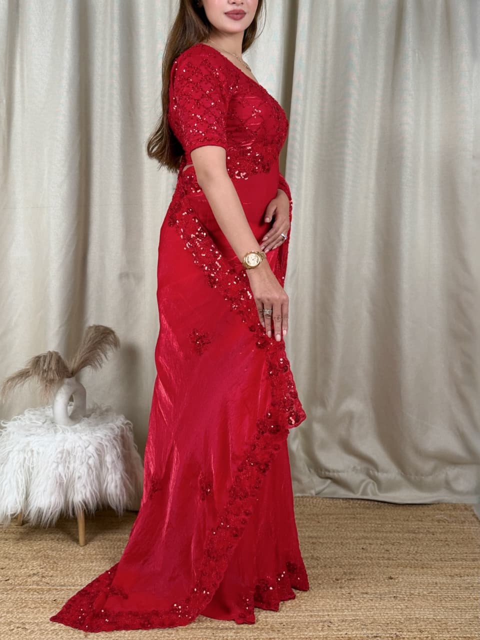 SM Red Chilly Tone-to-Tone Handcrafted Beads & Sequins Embroidered Fandy Satin Saree