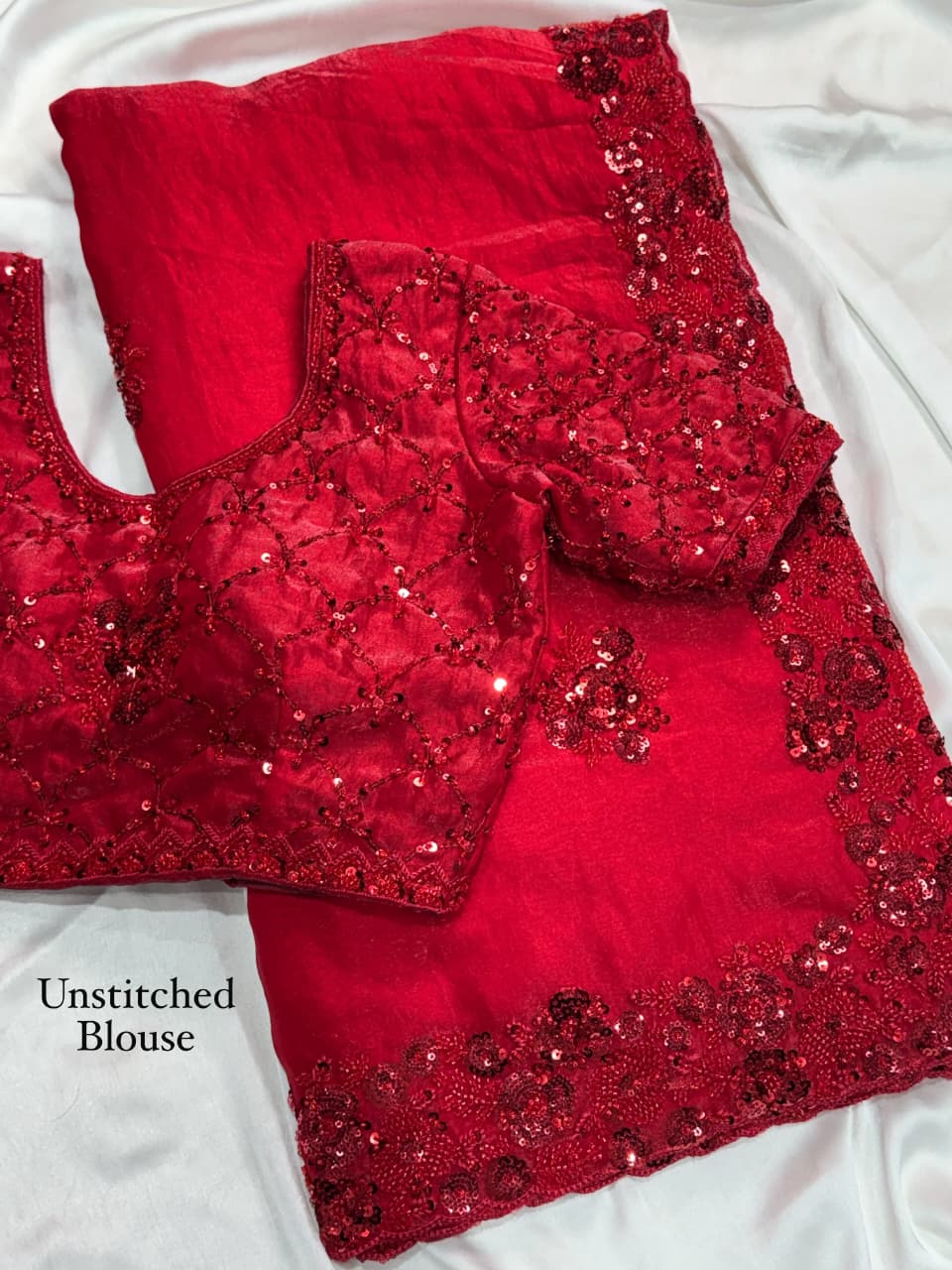 SM Red Chilly Tone-to-Tone Handcrafted Beads & Sequins Embroidered Fandy Satin Saree