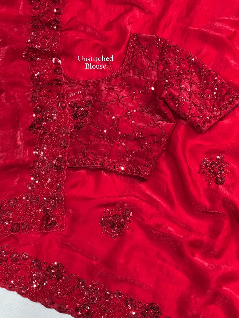 SM Red Chilly Tone-to-Tone Handcrafted Beads & Sequins Embroidered Fandy Satin Saree