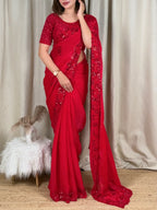 SM Red Chilly Tone-to-Tone Handcrafted Beads & Sequins Embroidered Fandy Satin Saree