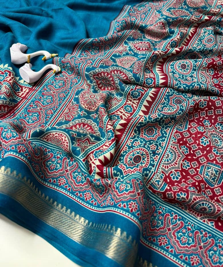 SM Bandhej 3D Digital Print Marshmallow Silk Saree