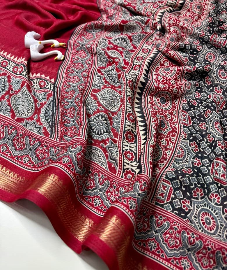 SM Bandhej 3D Digital Print Marshmallow Silk Saree