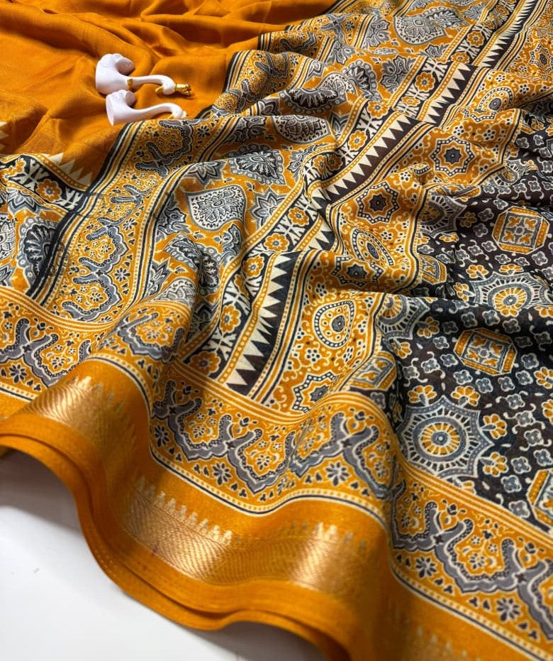 SM Bandhej 3D Digital Print Marshmallow Silk Saree