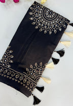 SM Heavy Pure Satin Moss Saree with Traditional Ajrakh Print, Fine Zari