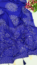 SM Heavy Pure Satin Moss Saree with Traditional Ajrakh Print, Fine Zari