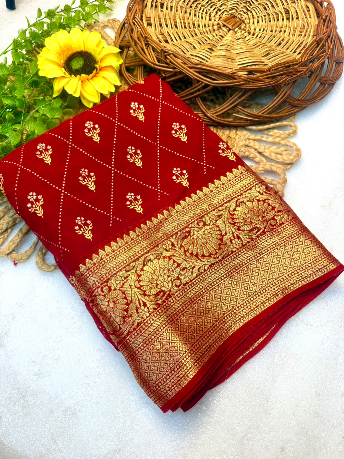 SM Hand-Dyed Kanjivaram Bandhani Teen Daani Cotton Silk Saree