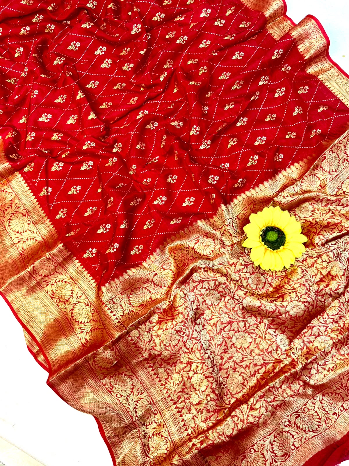 SM Hand-Dyed Kanjivaram Bandhani Teen Daani Cotton Silk Saree