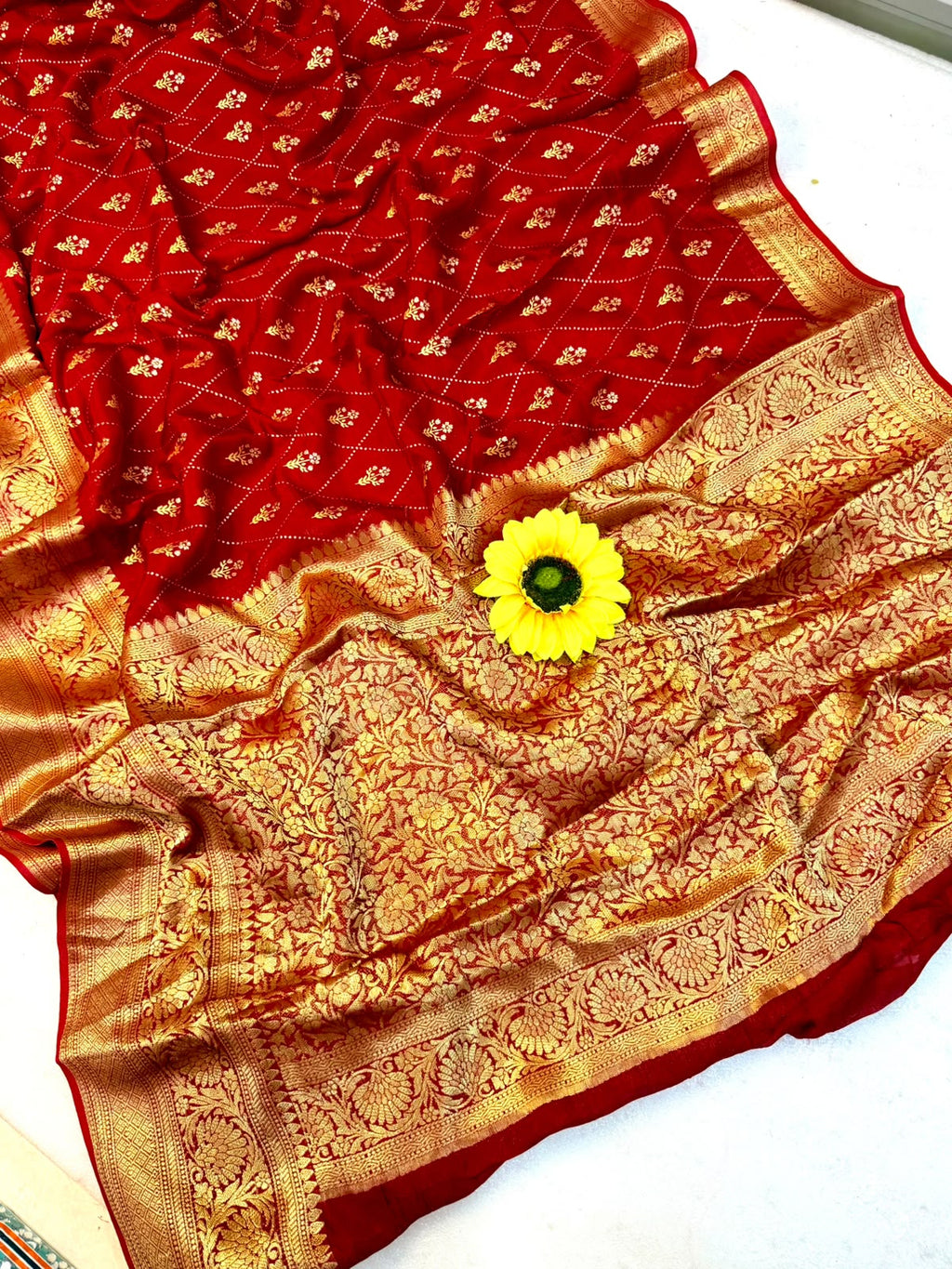 SM Hand-Dyed Kanjivaram Bandhani Teen Daani Cotton Silk Saree