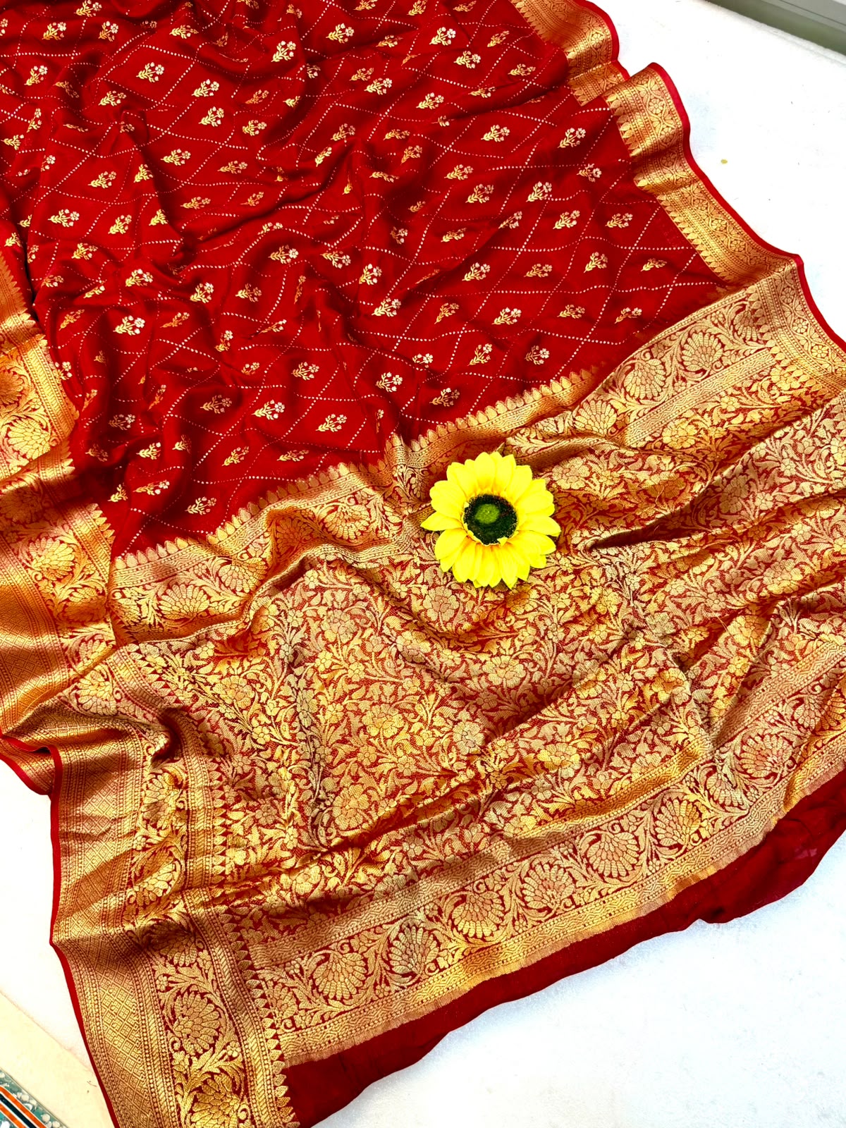 SM Hand-Dyed Kanjivaram Bandhani Teen Daani Cotton Silk Saree