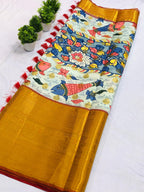SM Soft Banarasi Silk Pichwai & Kalamkari Digital Print Saree with All-Over Zari Weaving