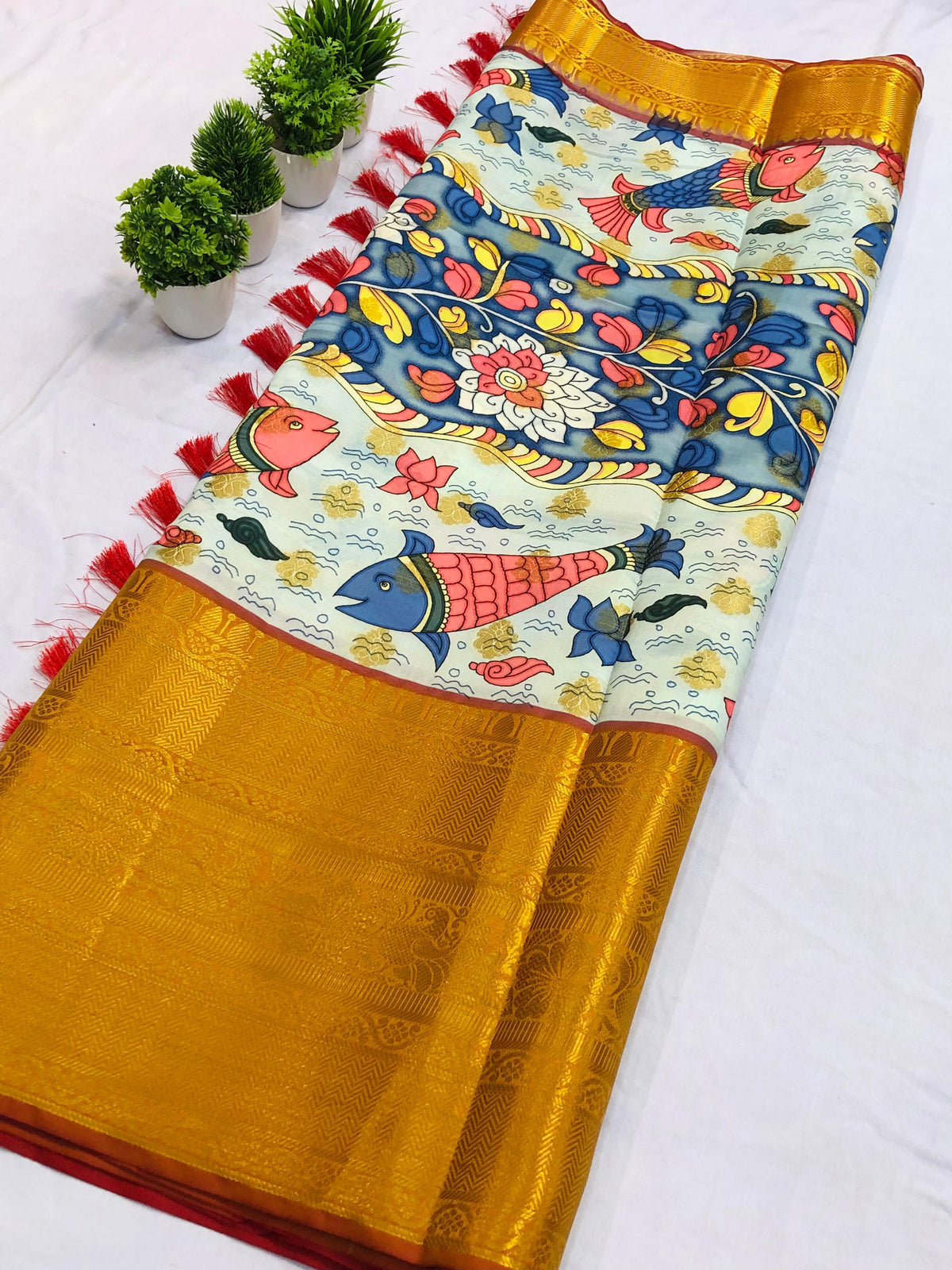 SM Soft Banarasi Silk Pichwai & Kalamkari Digital Print Saree with All-Over Zari Weaving