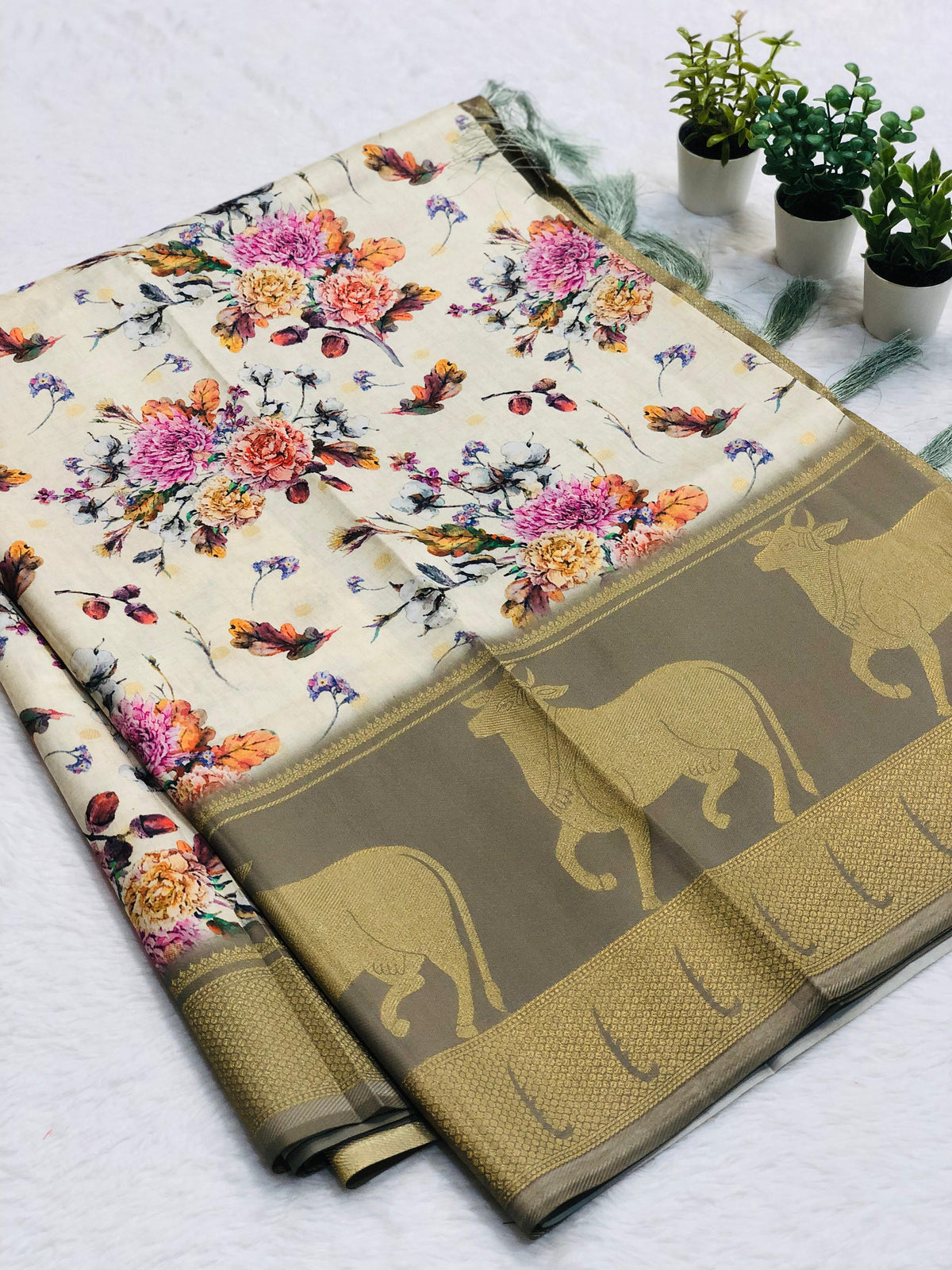 SM Soft Banarasi Silk Pichwai & Kalamkari Digital Print Saree with All-Over Zari Weaving