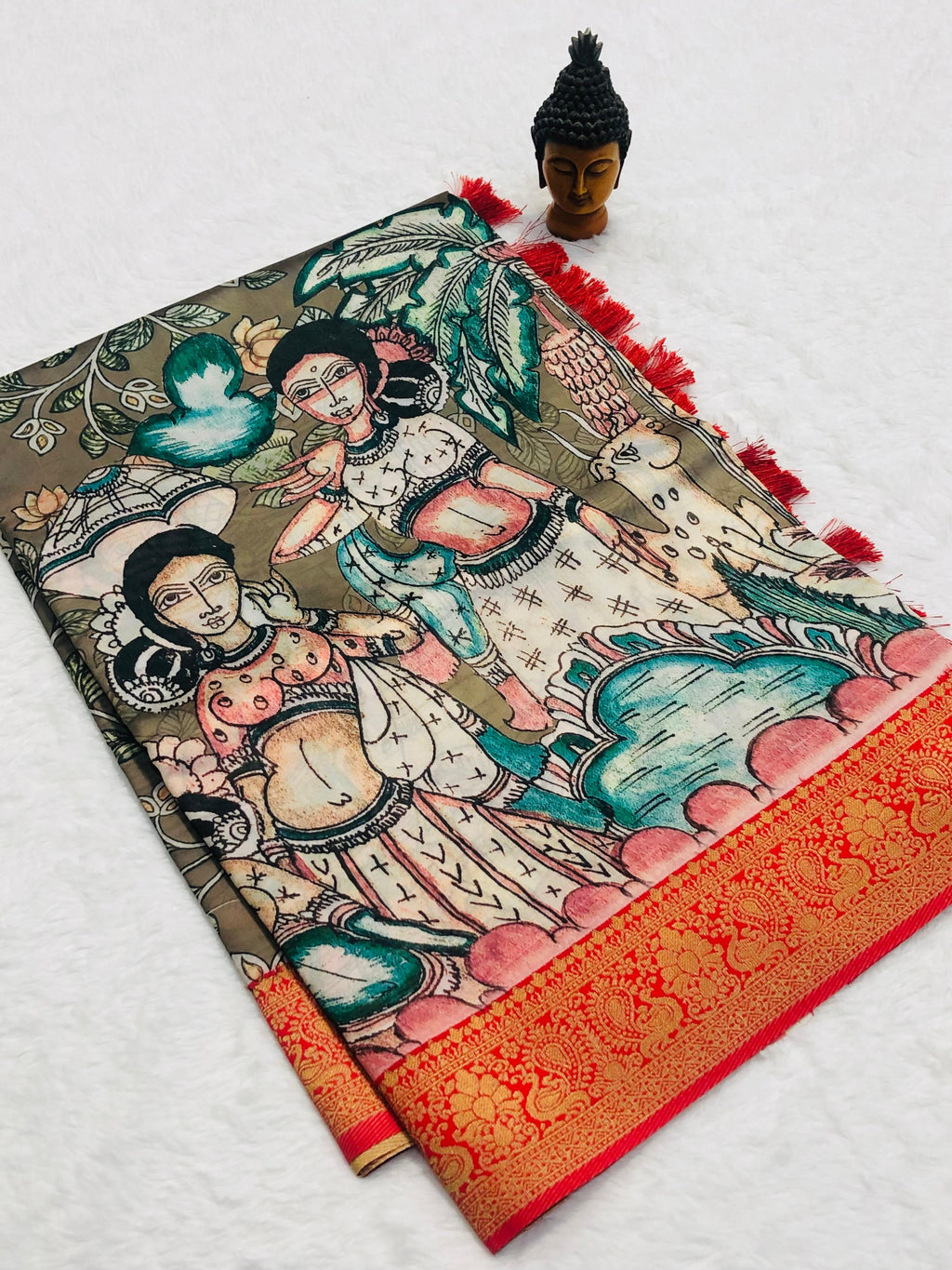 SM Soft Banarasi Silk Pichwai & Kalamkari Digital Print Saree with All-Over Zari Weaving