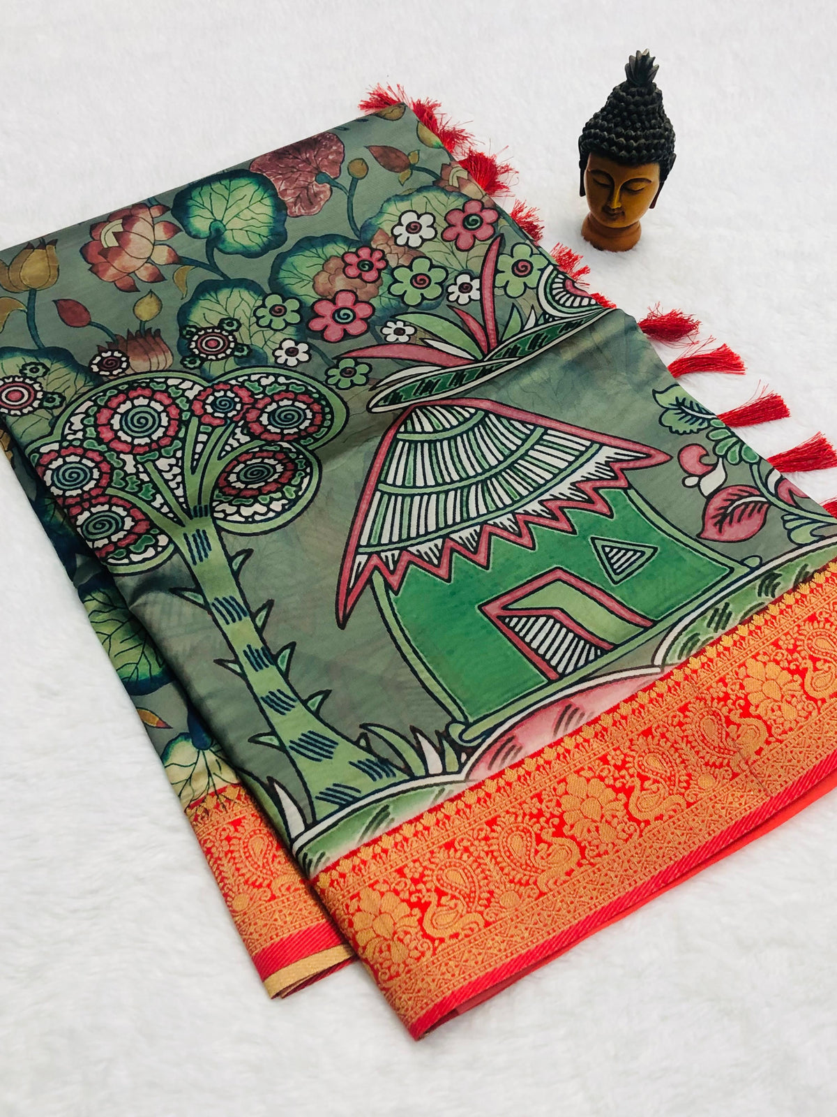 SM Soft Banarasi Silk Pichwai & Kalamkari Digital Print Saree with All-Over Zari Weaving