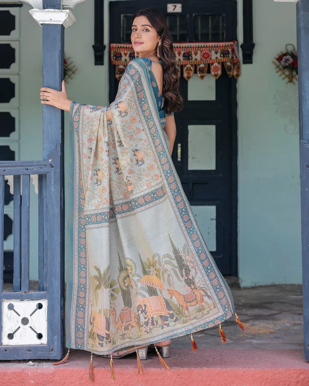 SM Exclusive Premium Linen Cotton Saree with Floral & Heritage Animal Motif Digital Print, Rich Pallu & Tassels