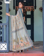 SM Exclusive Premium Linen Cotton Saree with Floral & Heritage Animal Motif Digital Print, Rich Pallu & Tassels