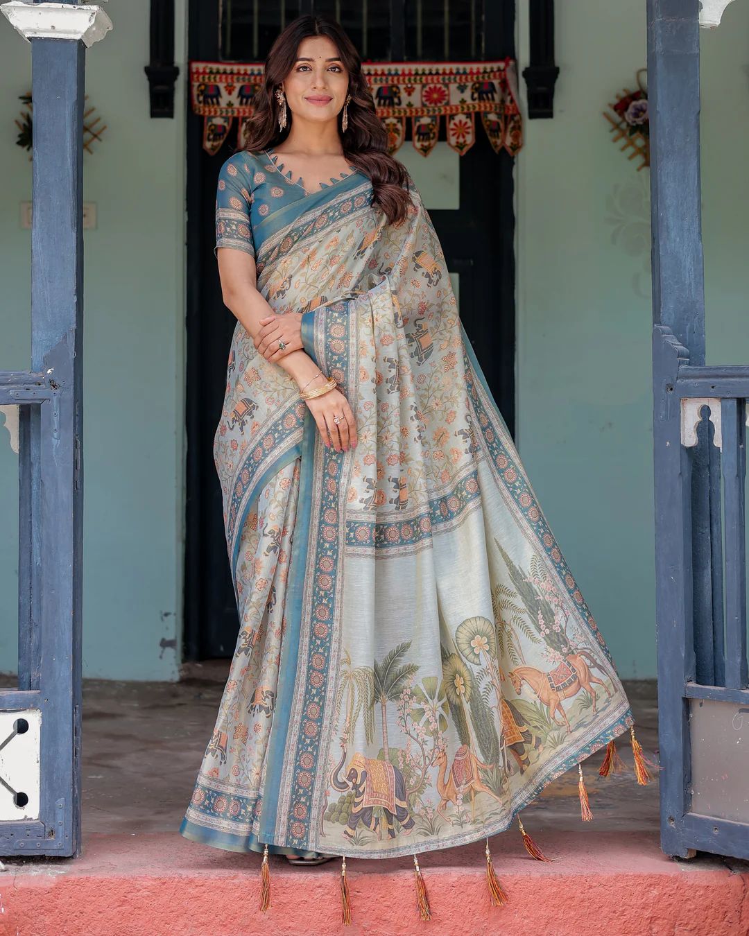 SM Exclusive Premium Linen Cotton Saree with Floral & Heritage Animal Motif Digital Print, Rich Pallu & Tassels