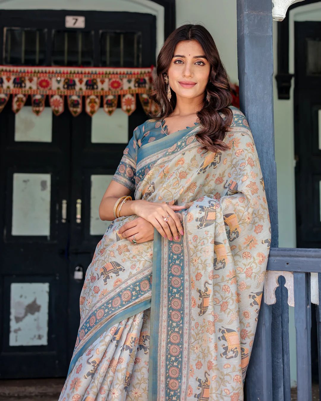 SM Exclusive Premium Linen Cotton Saree with Floral & Heritage Animal Motif Digital Print, Rich Pallu & Tassels
