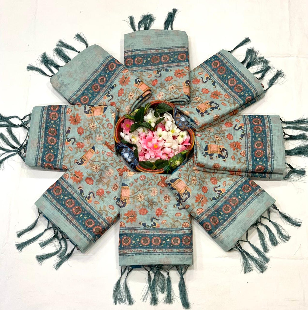 SM Exclusive Premium Linen Cotton Saree with Floral & Heritage Animal Motif Digital Print, Rich Pallu & Tassels