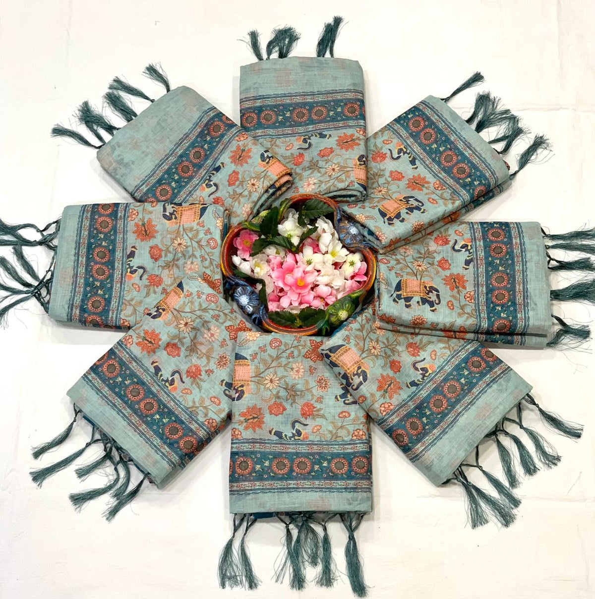 SM Exclusive Premium Linen Cotton Saree with Floral & Heritage Animal Motif Digital Print, Rich Pallu & Tassels
