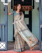 SM Exclusive Premium Linen Cotton Saree with Floral & Heritage Animal Motif Digital Print, Rich Pallu & Tassels