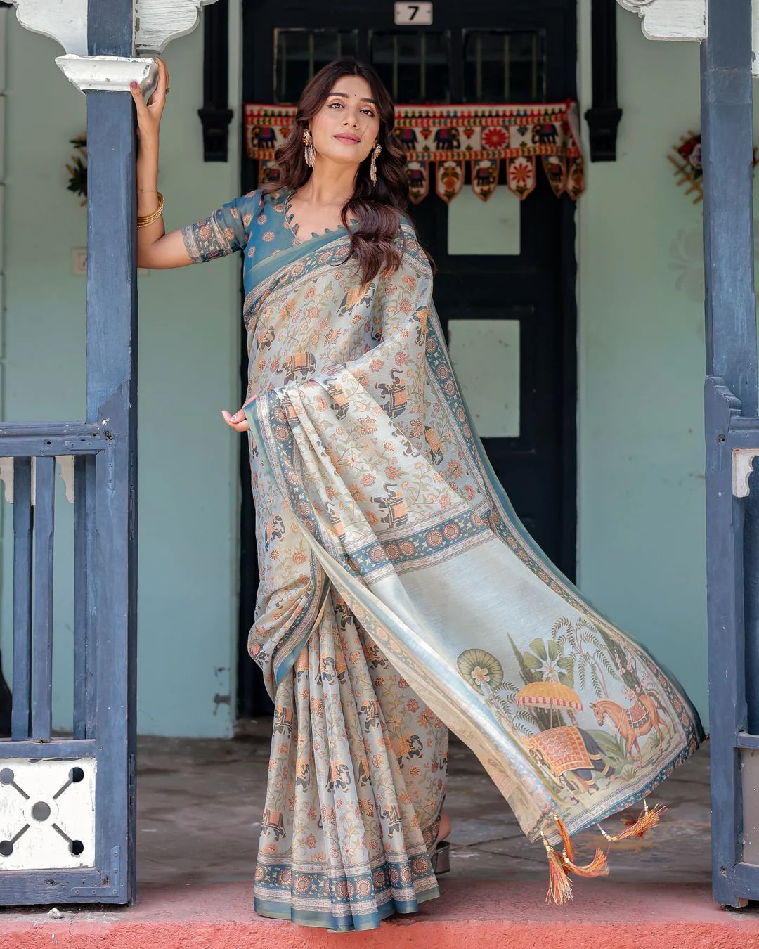 SM Exclusive Premium Linen Cotton Saree with Floral & Heritage Animal Motif Digital Print, Rich Pallu & Tassels