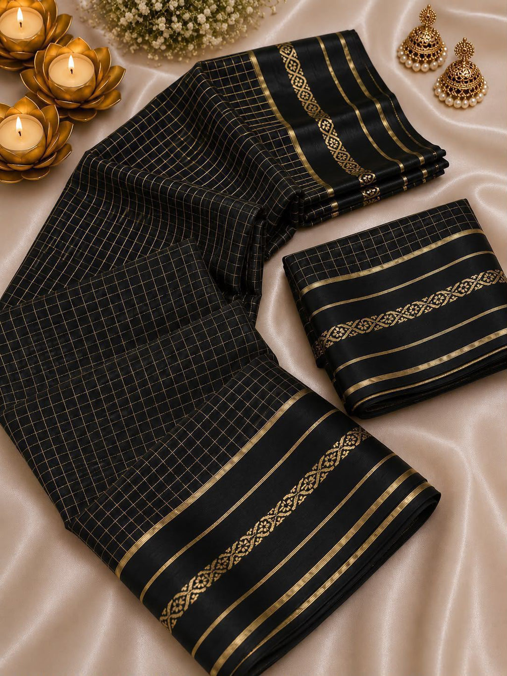 New Arrival Viscose Georgette Checkered Saree with Glossy Satin Border