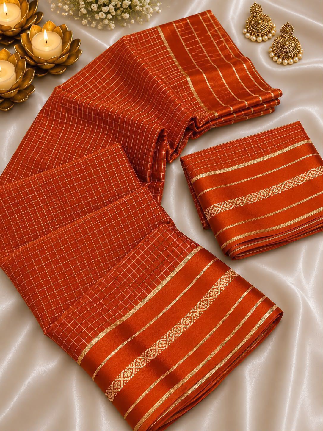 New Arrival Viscose Georgette Checkered Saree with Glossy Satin Border