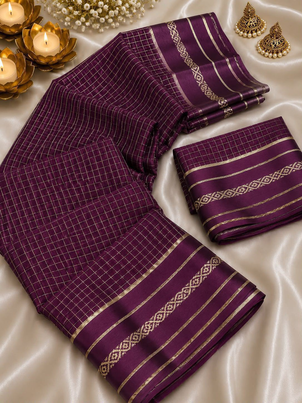 New Arrival Viscose Georgette Checkered Saree with Glossy Satin Border