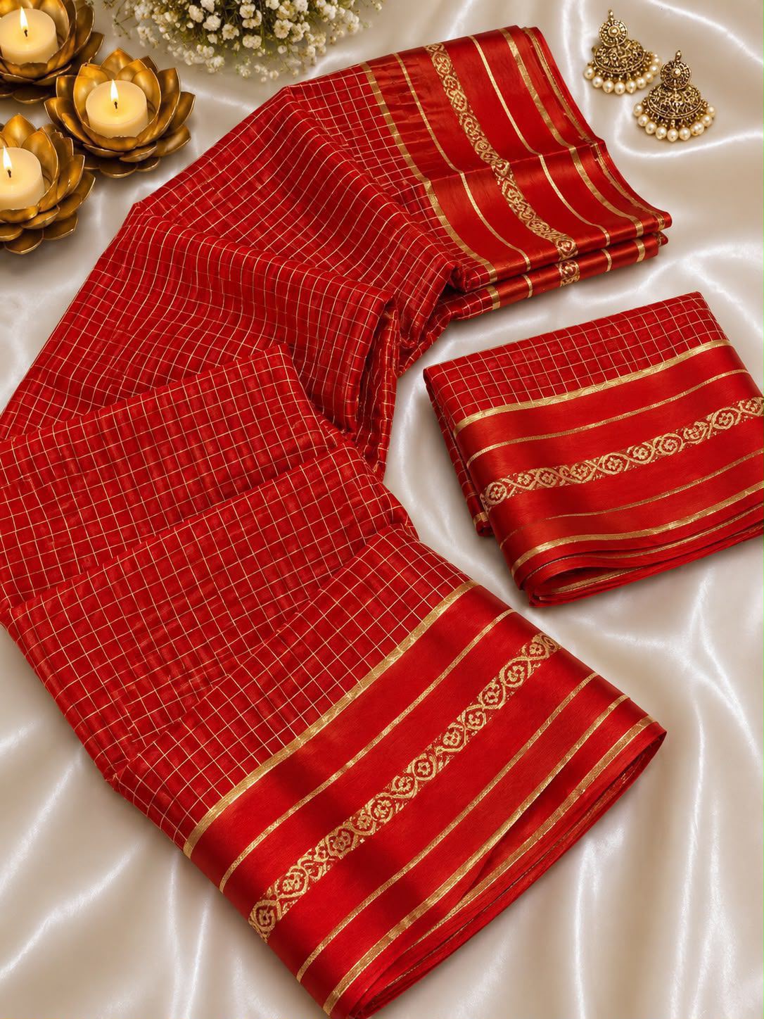 New Arrival Viscose Georgette Checkered Saree with Glossy Satin Border