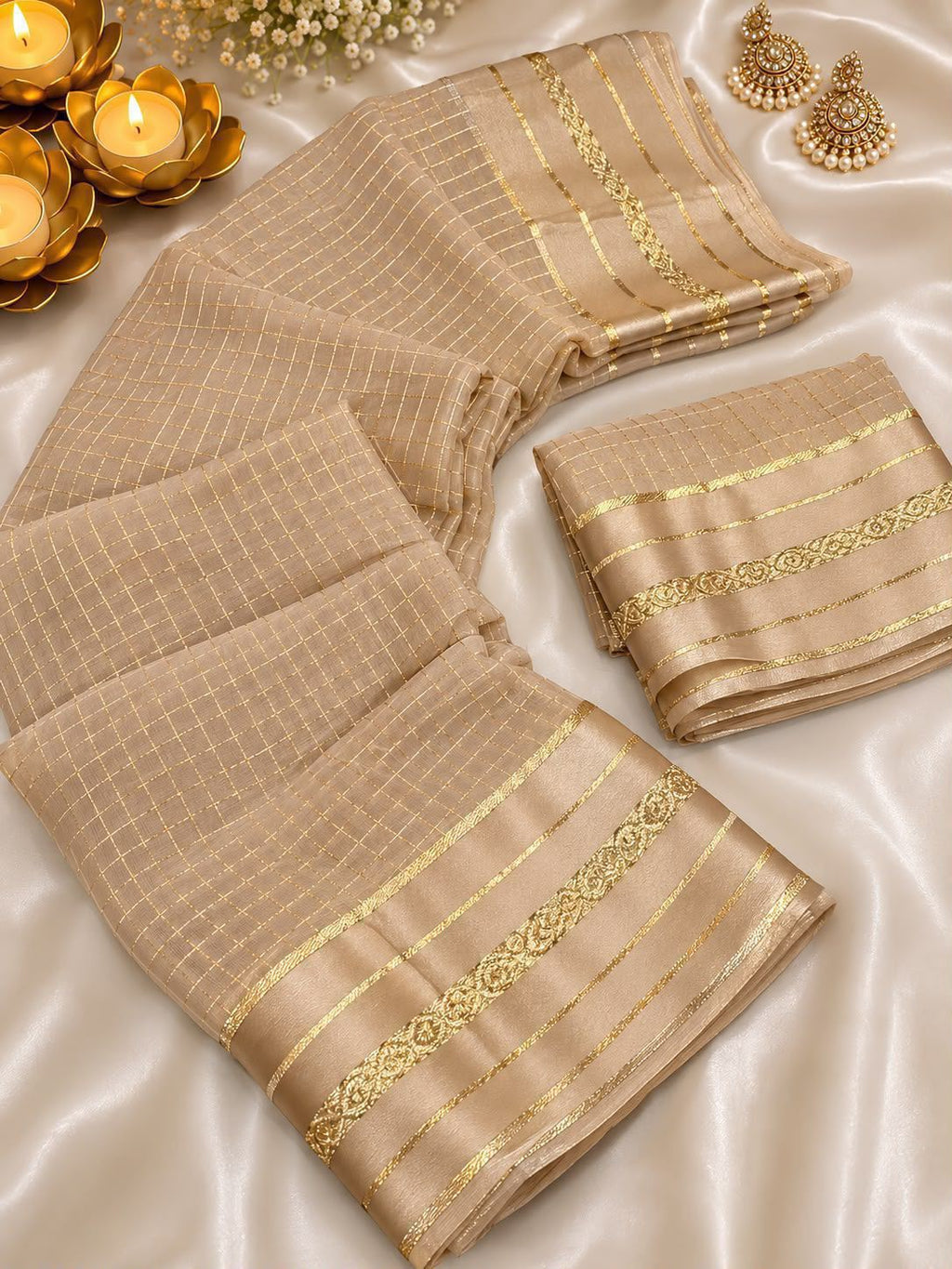 New Arrival Viscose Georgette Checkered Saree with Glossy Satin Border