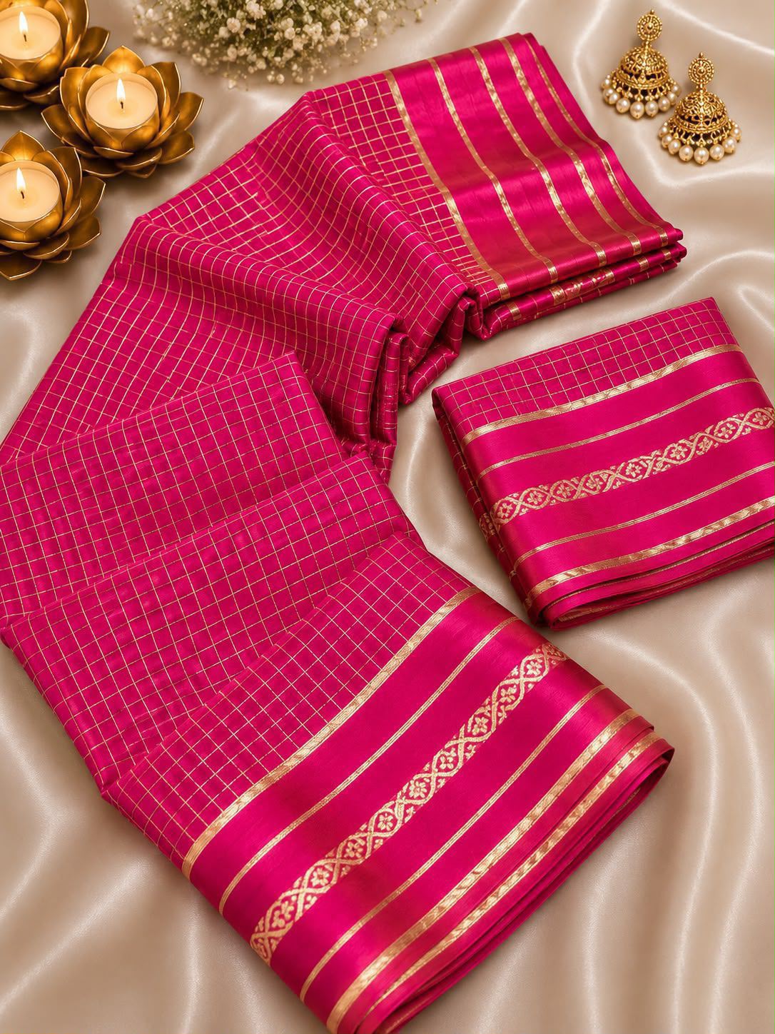 New Arrival Viscose Georgette Checkered Saree with Glossy Satin Border
