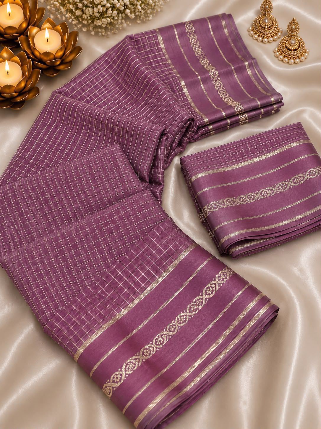 New Arrival Viscose Georgette Checkered Saree with Glossy Satin Border