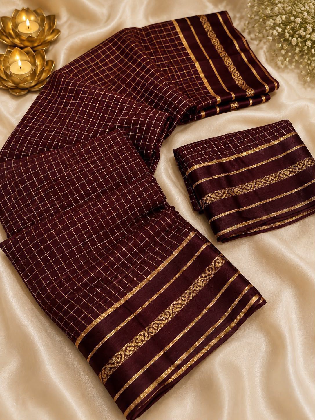 New Arrival Viscose Georgette Checkered Saree with Glossy Satin Border