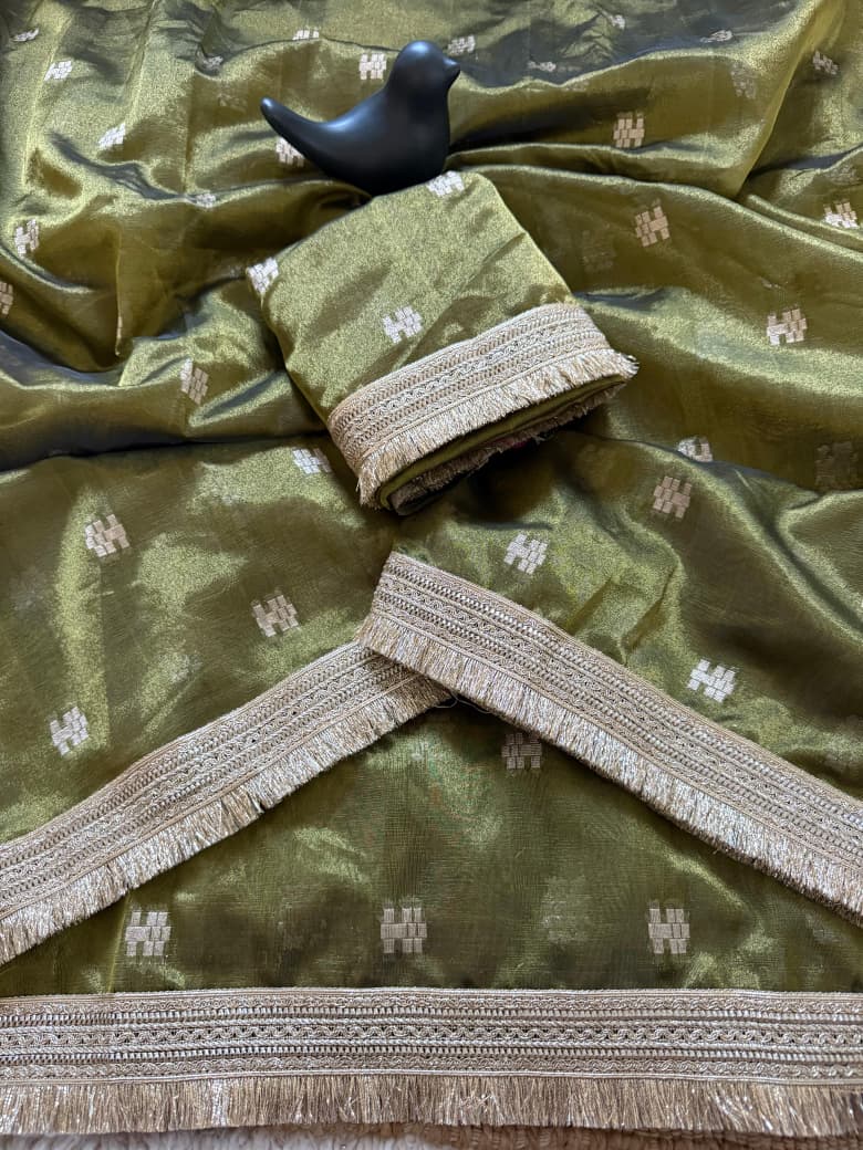 SM Premium Tussar Silk Saree with Woven Jacquard Buti & Sabyasachi-Inspired Designer Lace Border