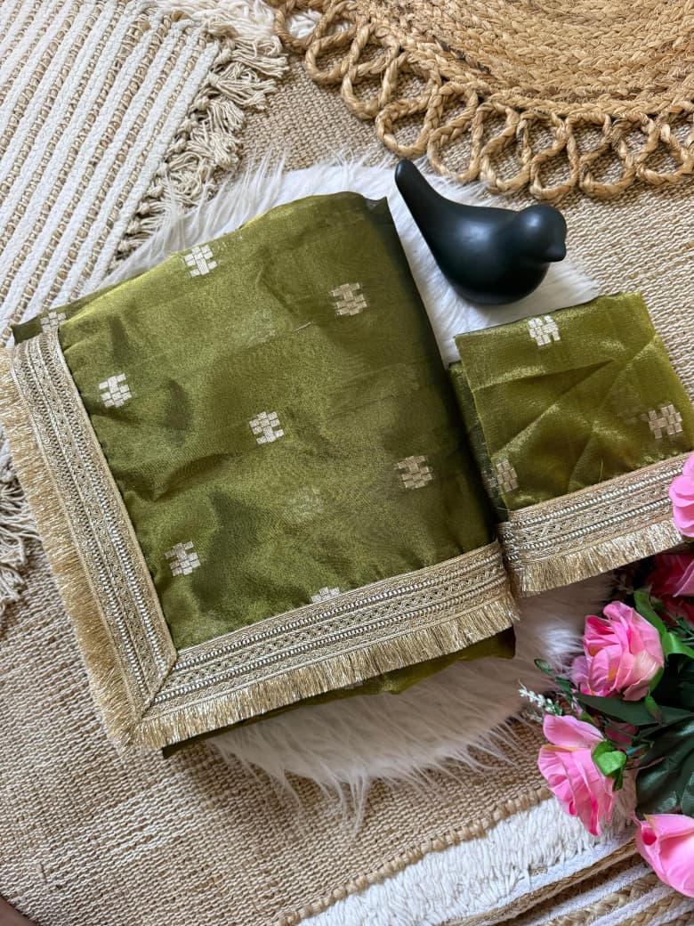 SM Premium Tussar Silk Saree with Woven Jacquard Buti & Sabyasachi-Inspired Designer Lace Border