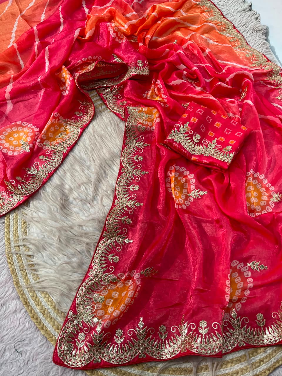 SM Soft Shine Space Silk Bandhej & Leheriya Print Saree