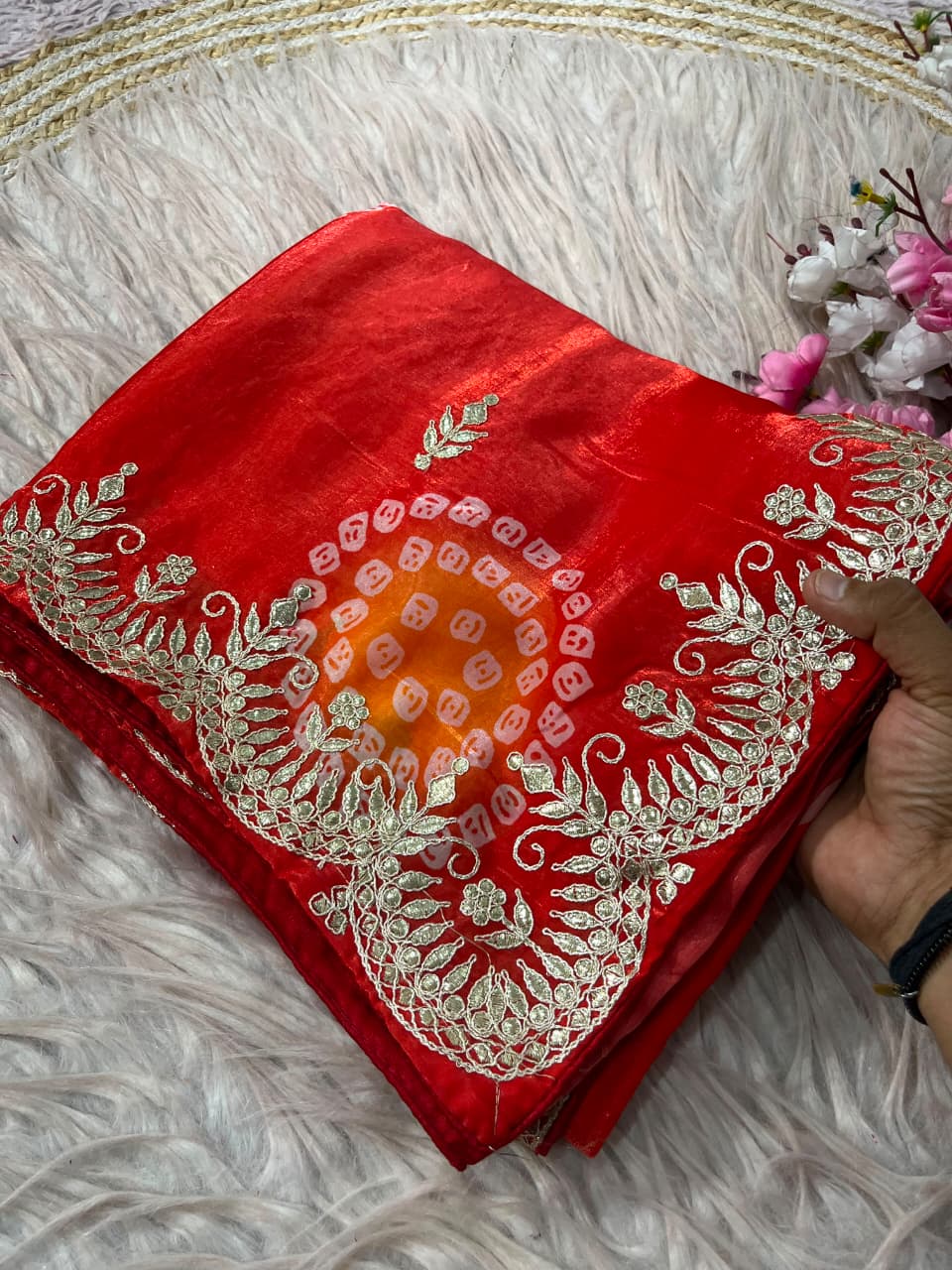 SM Soft Shine Space Silk Bandhej & Leheriya Print Saree