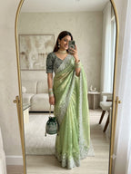 SM Pranjal Designer Soft Fandy Satin Saree with 3mm Sequins Embroidery Jaal