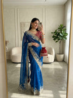 SM Pranjal Designer Soft Fandy Satin Saree with 3mm Sequins Embroidery Jaal