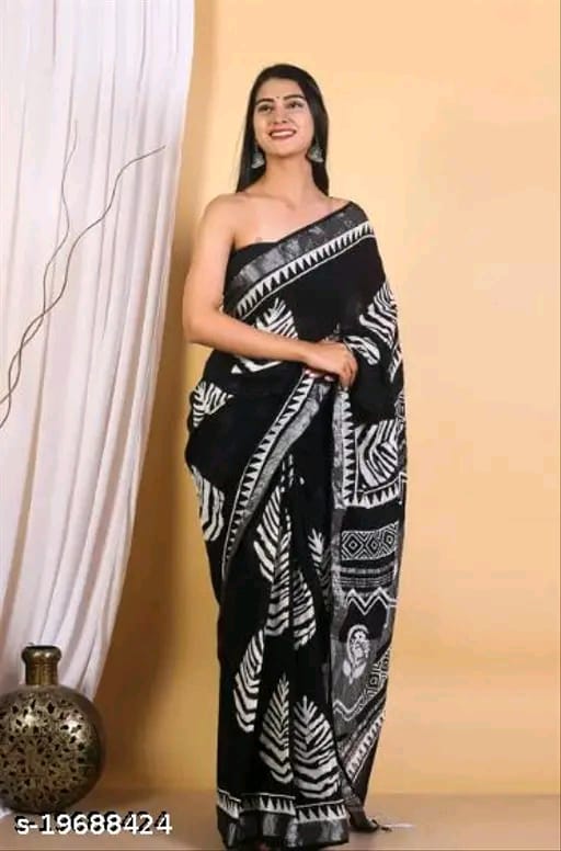 SM Women Cotton Linen Printed Saree with Solid Blouse