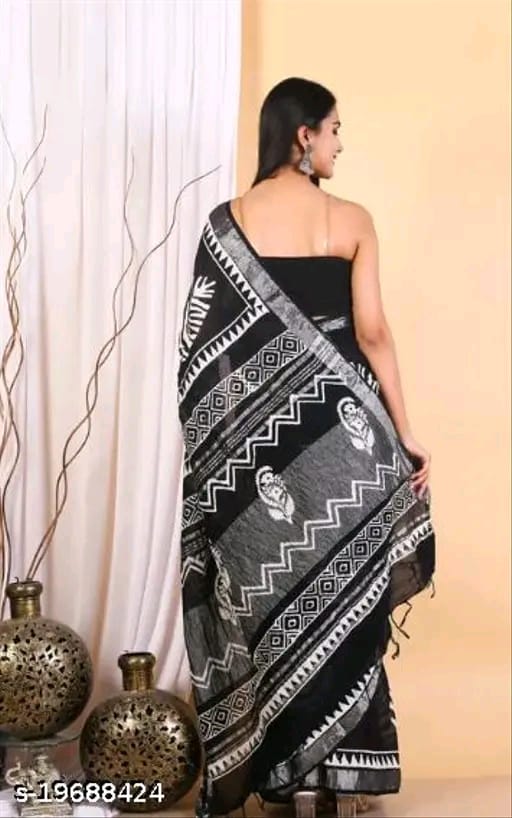 SM Women Cotton Linen Printed Saree with Solid Blouse