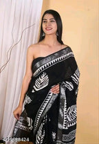 SM Women Cotton Linen Printed Saree with Solid Blouse