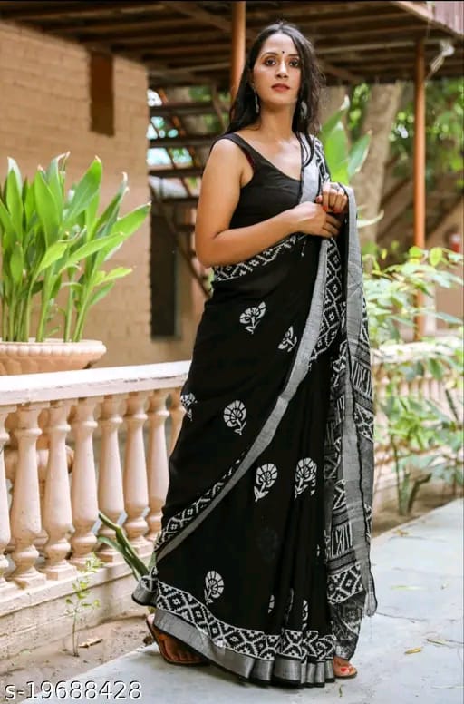 SM Women Cotton Linen Printed Saree with Solid Blouse
