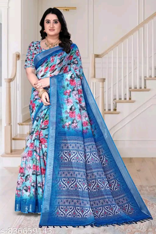 SM Women Cotton Linen Printed Saree