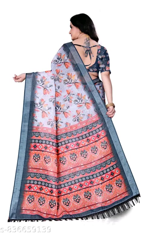SM Women Cotton Linen Printed Saree