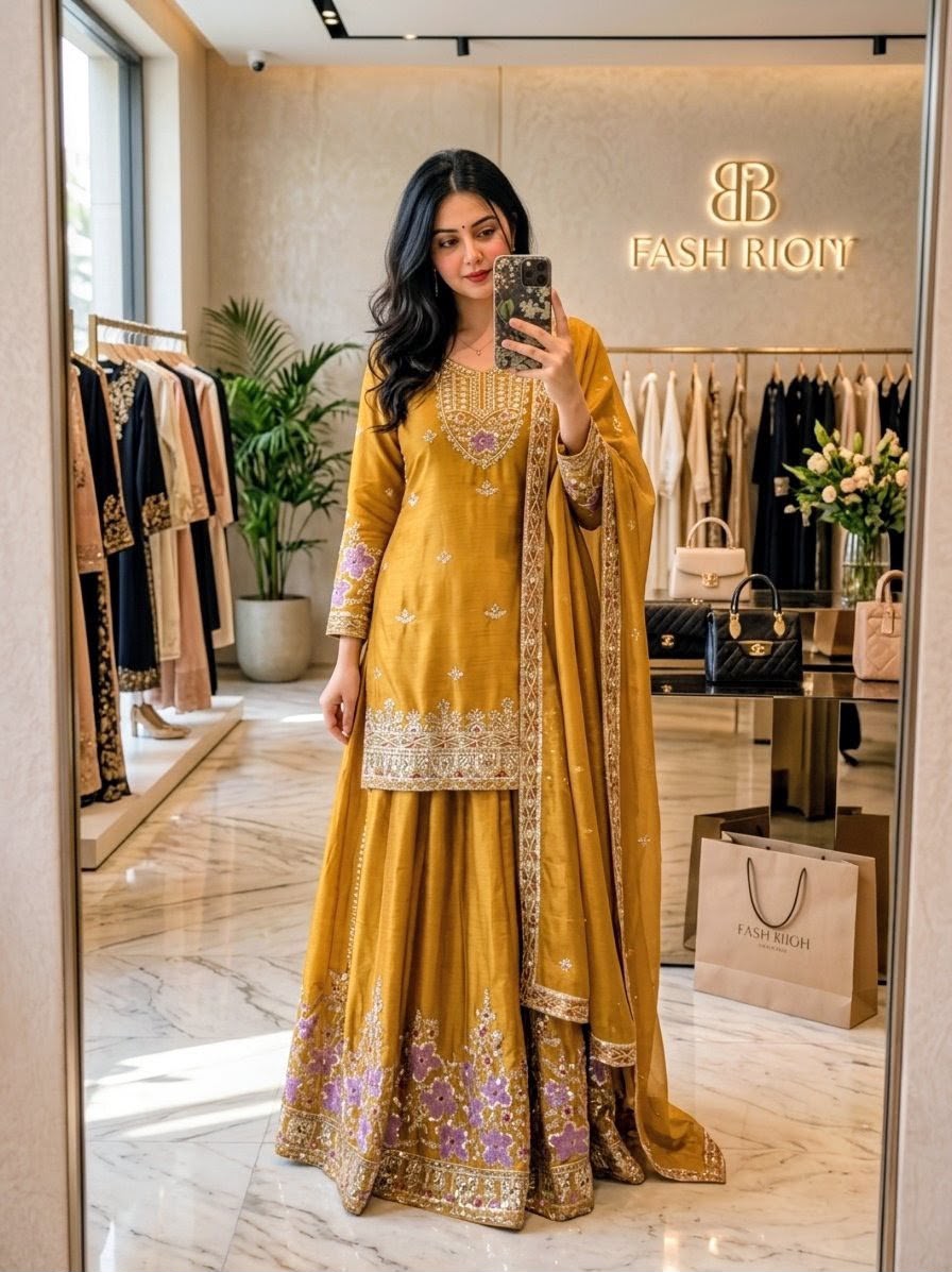 SM Trending Designer Party Wear: 3-Piece Chinon Silk Sharara Set